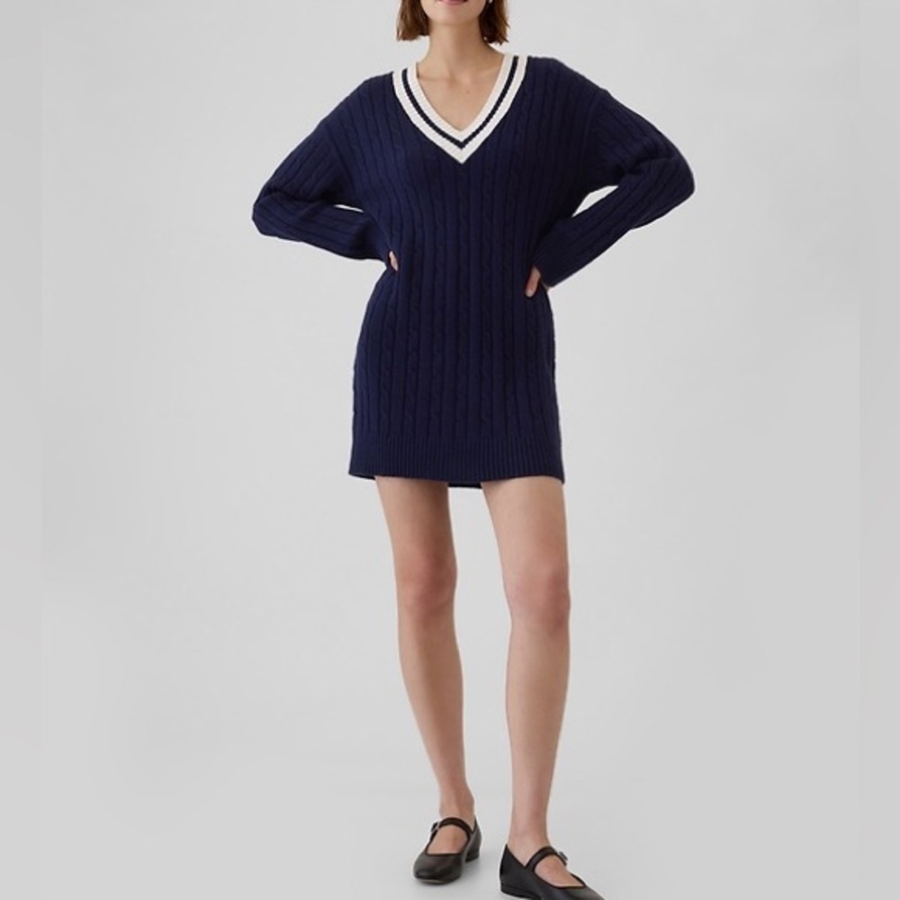 Gap sweater dress CashSoft Varsity Cable-Knit Mini‎ academia old money casual